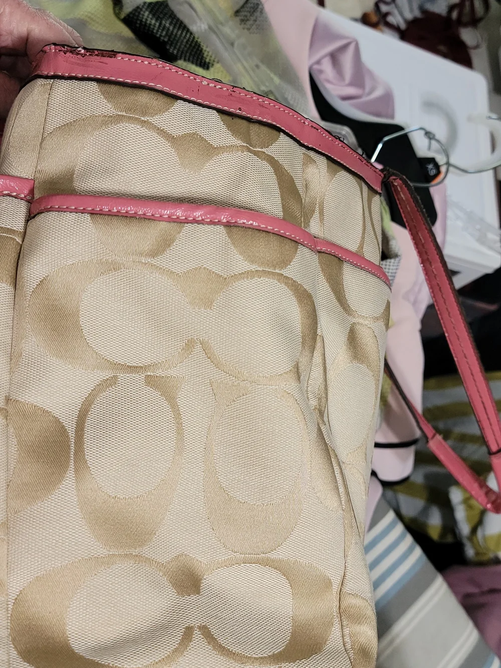 Coach Beige Signature Canvas Tote with Pink Trim, Outside Of Bag ,Badly Stained